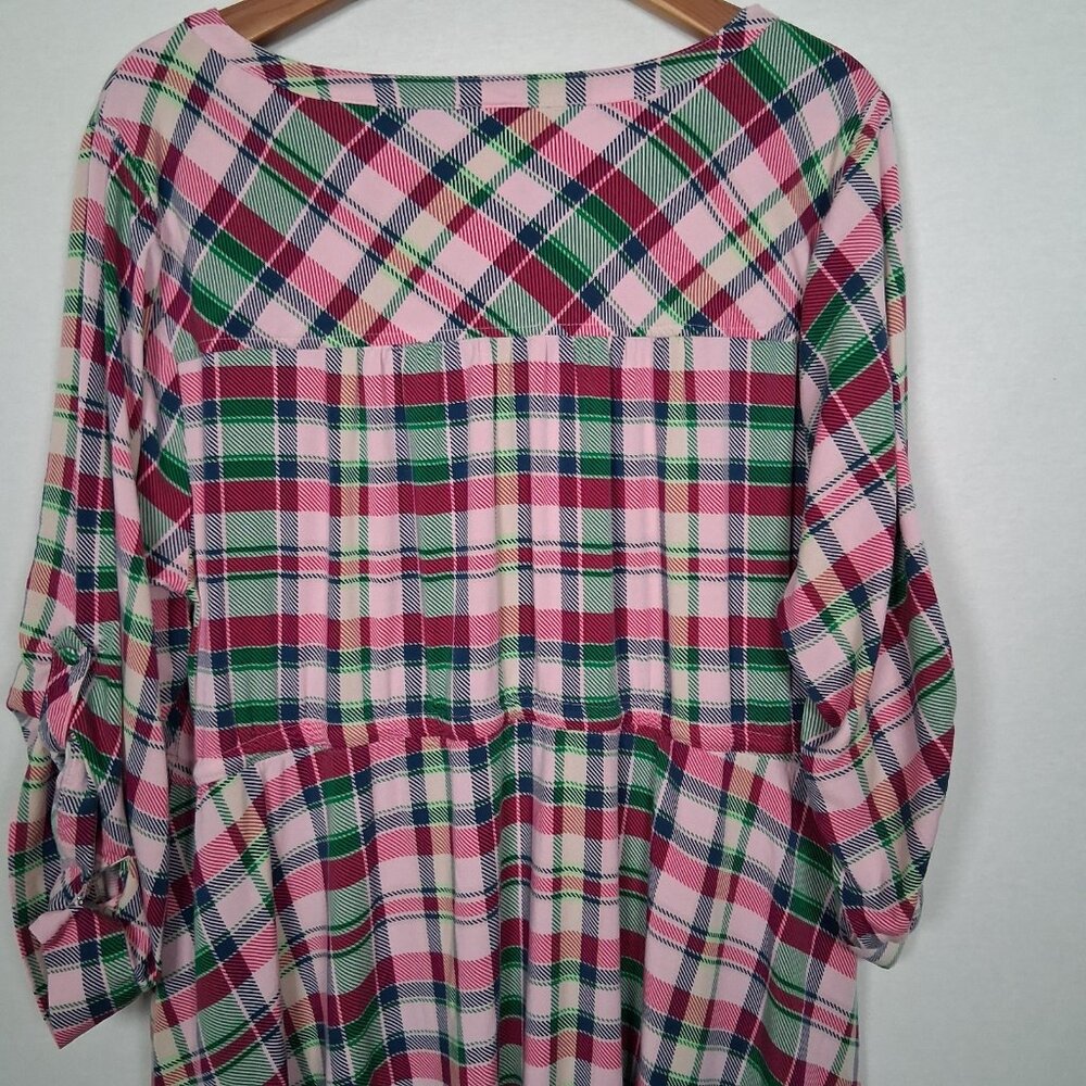 Torrid Dress Size 3 Plus Size 3X Pink Green Blue Pliad Roll Sleeve Midi Zip - Picture 9 of 16